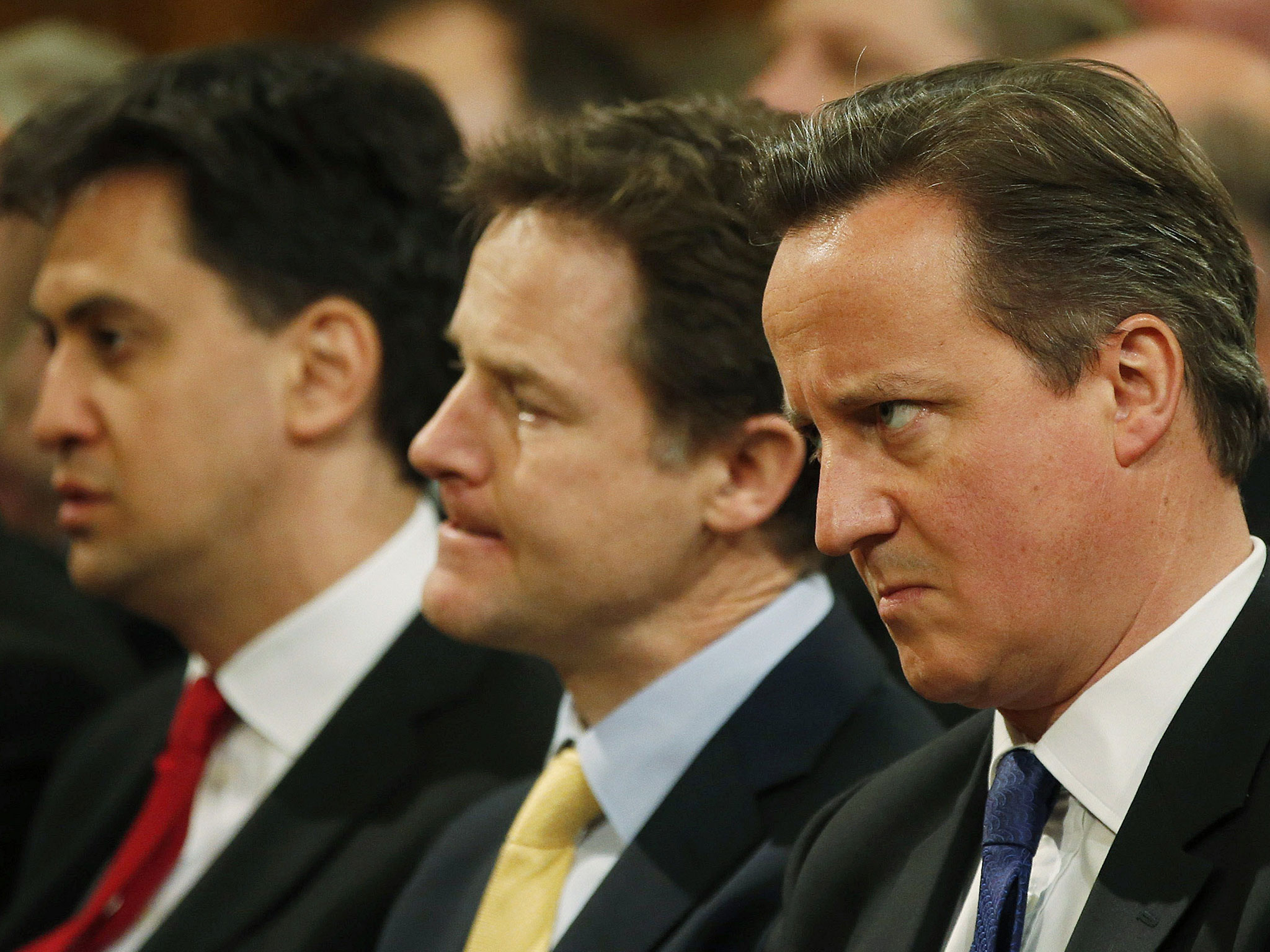 Ed Miliband, Nick Clegg et David Cameron.